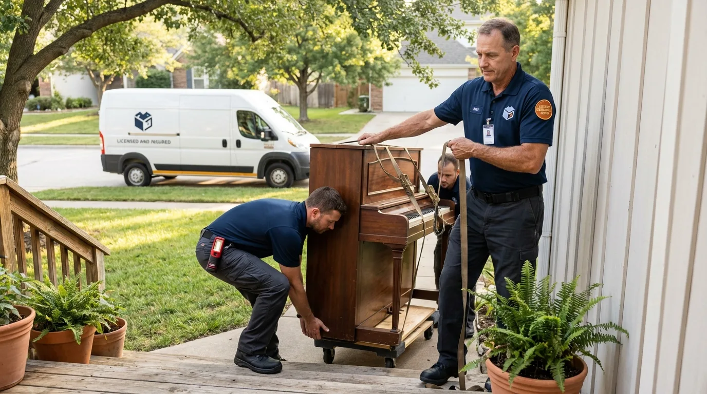Licensed piano movers securing grand piano in Rancho Santa Fe, CA