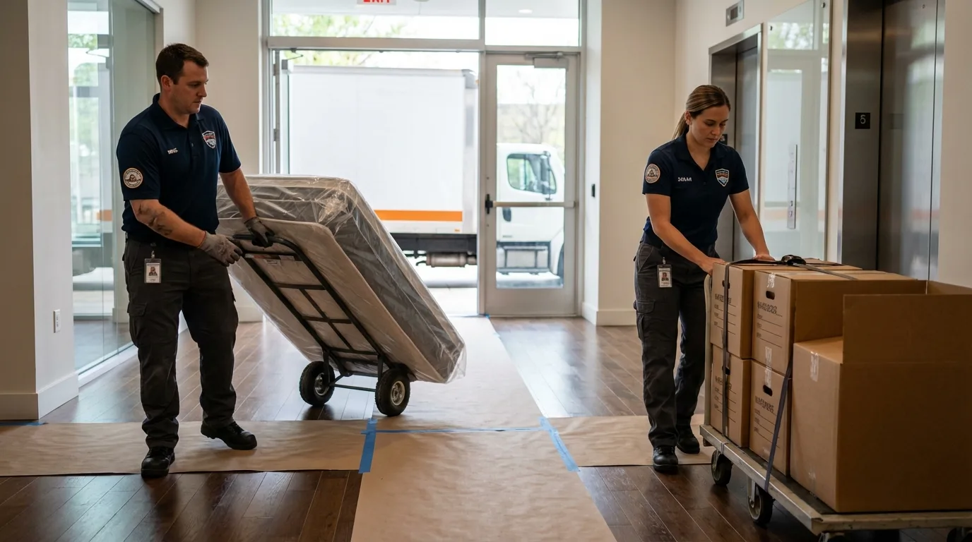 Professional apartment movers loading elevator in Rancho Santa Fe, CA