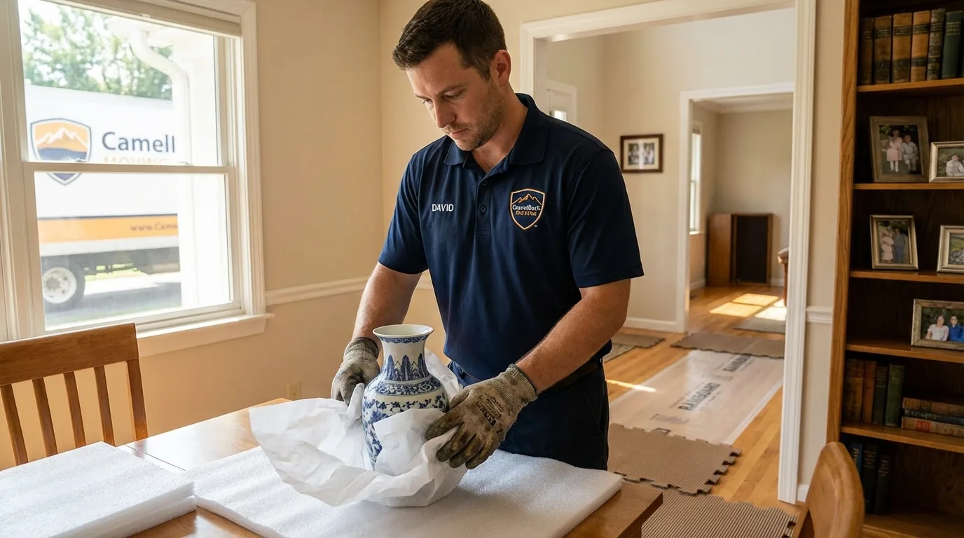 Professional crew carefully wrapping antique vase for senior downsizing move in Rancho Santa Fe, CA
