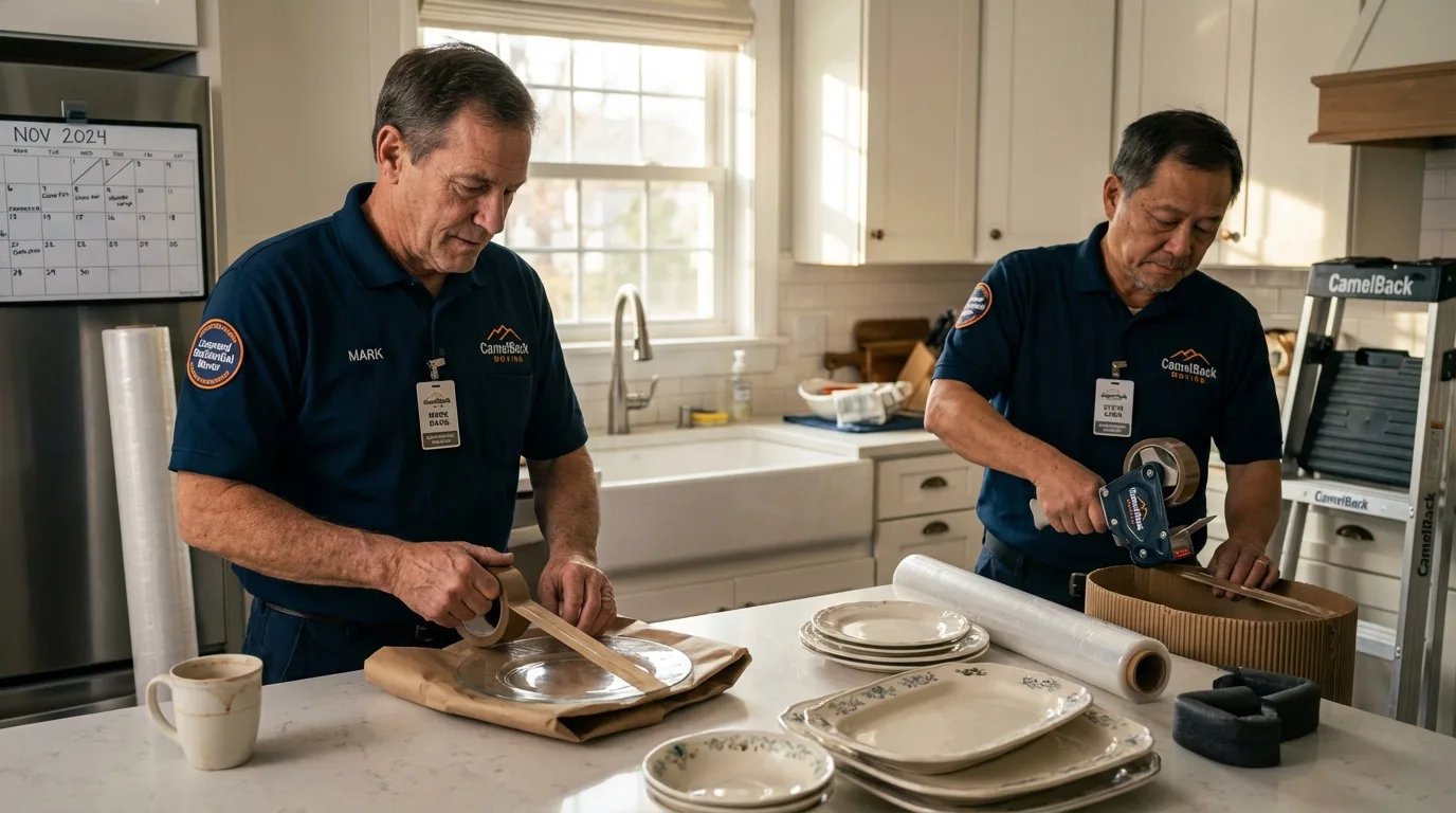 Professional crew packing kitchen dishware in Rancho Santa Fe, CA